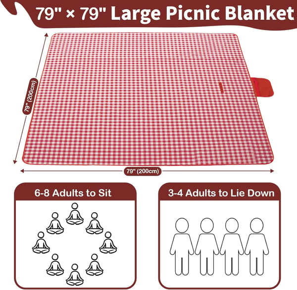 Picnic tæppe vandtæt, 200 x 200 cm, camping strandtæppe vaskbart foldbart, campingtilbehør til udendørs aktiviteter (rød) Rød Red