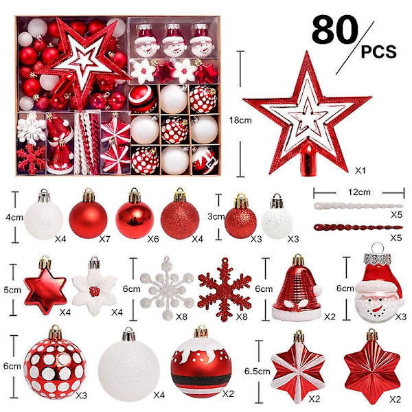 Julgranskulor 80 stycken Vita och Röda Julgransdekorationer, Oslåbara Plastjulgranskulor i Ask med Hängare, Dekorativ Prydnadspresent
