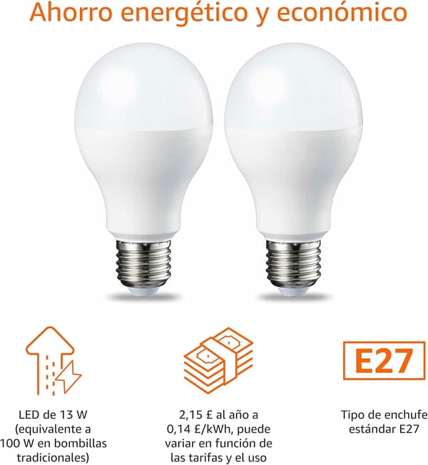 E27 LED Edison screw bulb, 13W (100W equivalent), cool white, non-dimmable, 2-pack, CRI80 [Energy class E]