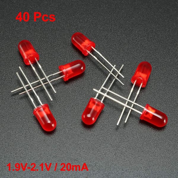 40 kpl 5 mm punaisia diffuuseja pyöreitä LED-diodeja 1.9-2.1 V 20 mA 0.02 W elektronisia komponentteja