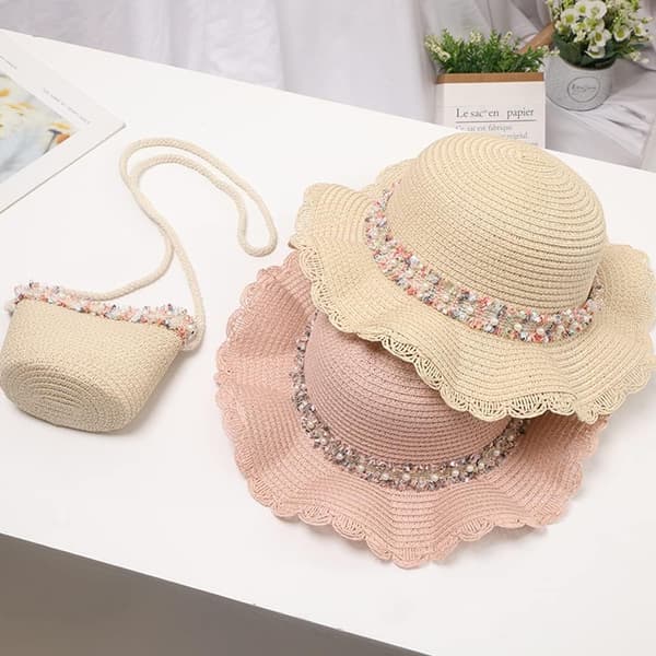 Sommer stråhat taskesæt, søde brede skygge floppy strand solhatte med vævet skulder udendørs outfit sæt til piger beige medium Beige Medium