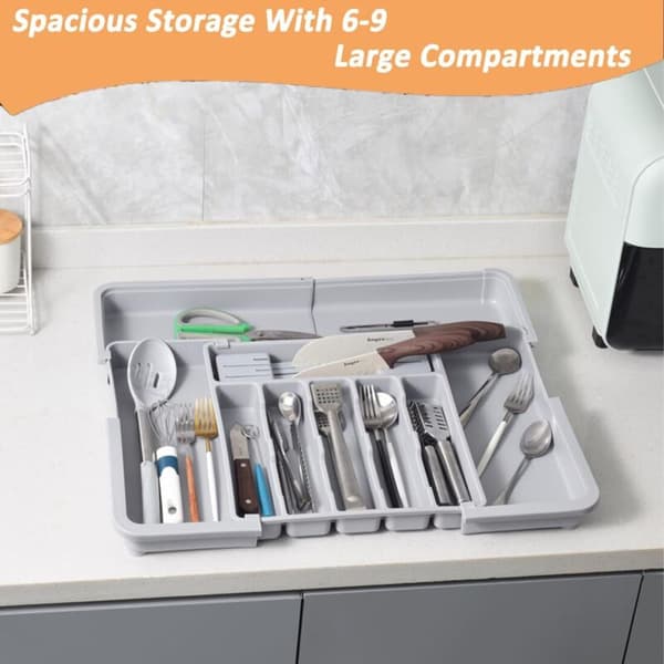 Cutlery tray. Expandable cutlery storage. Kitchen drawer with 2 removable knife blocks and 9 compartments. Expandable cutlery tray. Grey