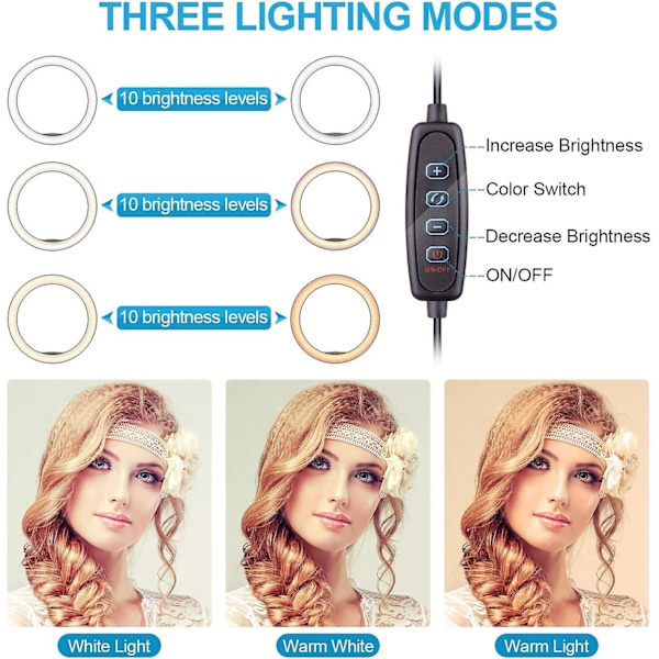10\" Selfie Ringlys med Tripod Stativ, Dæmpbar Desktop LED Lampe Kamera Ringlys med Trådløs Fjernbetjening Lukker til Live Stream/makeup/youtube Video