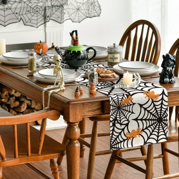 Hämähäkkiverkkopöytäjuoksu, Halloween-juhlakeittiön ruokapöydän koristelu sisätilojen ulkotiloihin