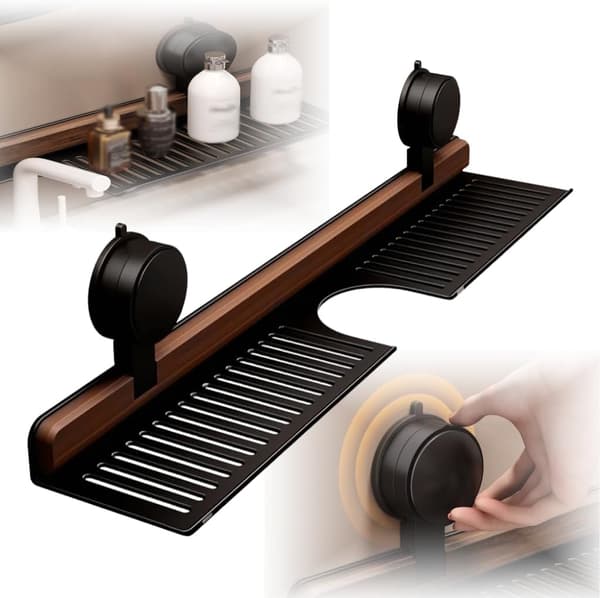 Walnut Shelf with Suction Cup for Bathroom Kitchen 2025 - 40cm Drill-Free Sink Organizer with Removable Design (Black)