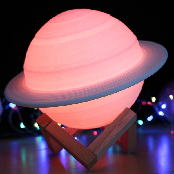 3D Saturn-lampa, 22CM 16 färger, 3D-utskrift Månlampa Nattljus med trästativ, USB uppladdningsbar Saturn RGB Touch Sovrum Liv