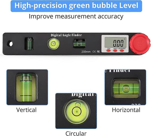 Digital Angle Gauge, 7 inch Spirit Level, Protractor, Angle Meter, Multifunctional Protractor, 3 Bubble Levels, H
