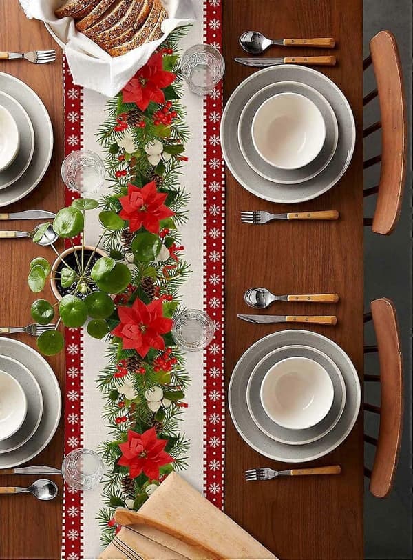 Rød rustikk julebordløper med snøflak og stjerner, 33x183 cm-FX-