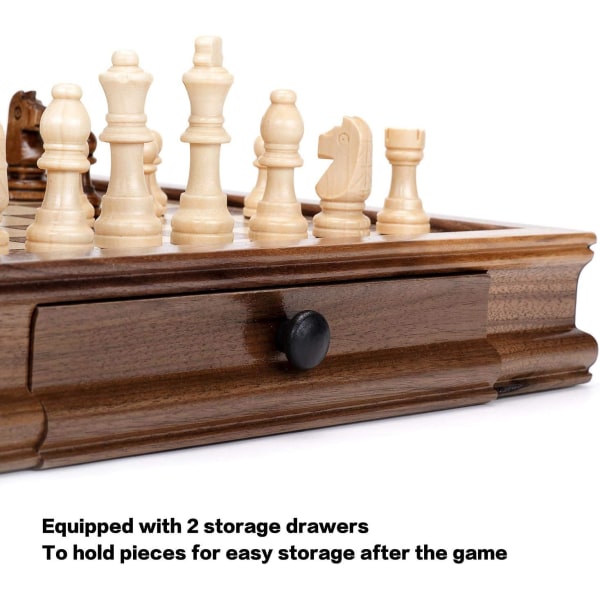 Magnetisk set i trä, Schackbrädspel med 2 inbyggda förvaringslådor - 2 extra bonusdamer - Schack för nybörjare,