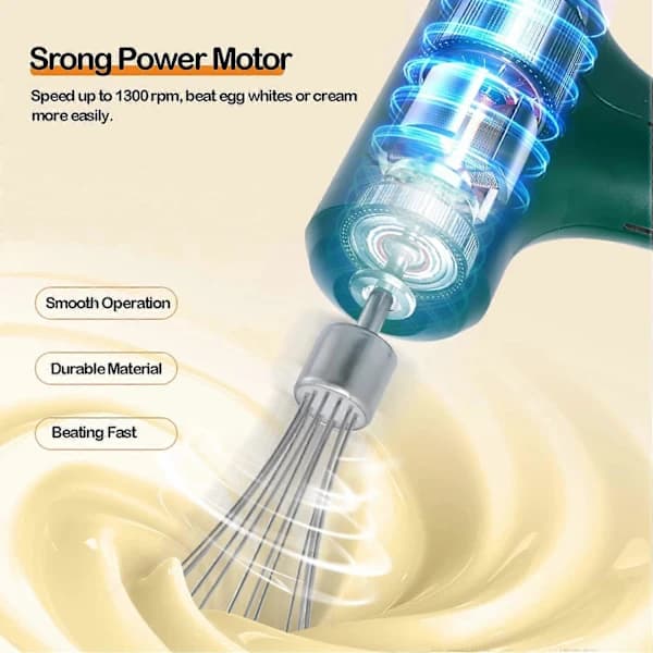 HA~Electric Hand Whisk, USB Rechargeable, Egg Beater with 2 Detachable Whisks and 3 Speed Modes, Green