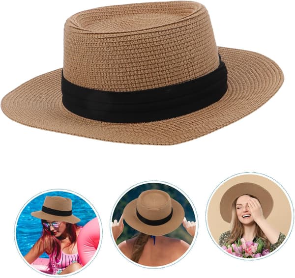 Bredskygget stråsolhat til kvinder, foldbar sommerstrandhat i khaki sort