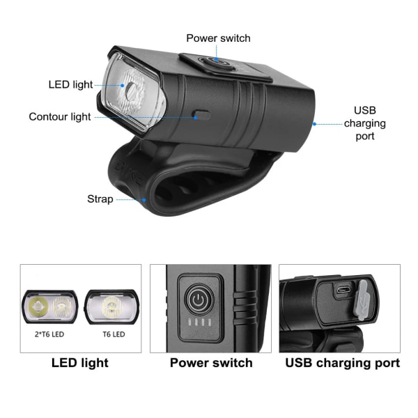 USB Genopladelig Cykellys, Vandafvisende Cykellygte med Lys, LED Cykellys til Vej og Bjerg - Sikkerhed om Natten