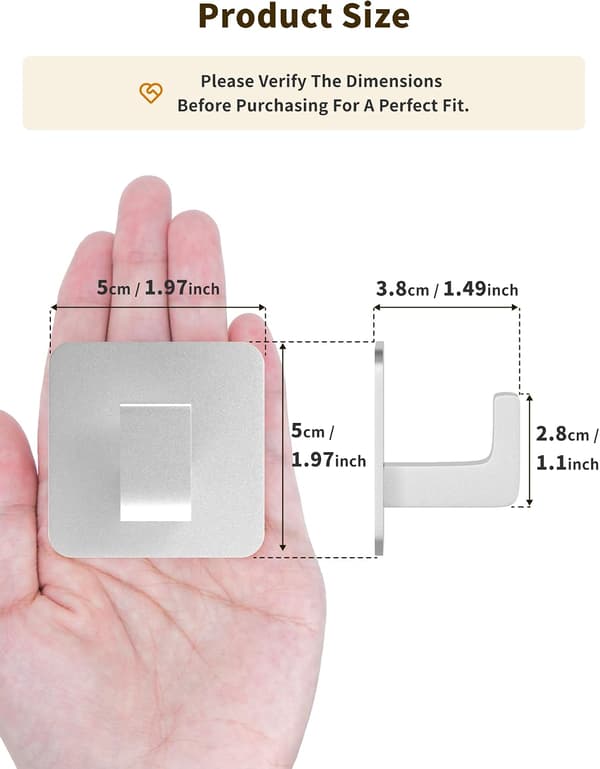 Square Self-Adhesive Towel Hooks - 4 Pcs Matte Black Wall Hooks for Hanging Towels Coats - Modern Stylish Bathroom and Kitchen Hooks - Silver