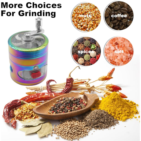 2,5 Tommer Krydderi Grinder med Håndtag, Zink Legering Metal Regnbue Håndsving Grinder med Transparent Topdæksel til Maling