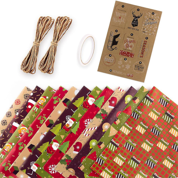 1 Set Jultema-Presentpapper DIY Handgjort Presentpapper Kraftpapper Förpackning Passar för Julparty Semester Bröllop Dekoration