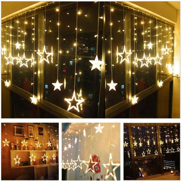 Twinkle Star 12 stjerner 138 LED-gardinlys, vindusgardinlys med 8 blinkende moduser Ramadan-dekorasjon for bryllup (varm hvit)