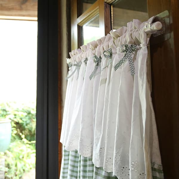 Short Kitchen Curtain for Small Windows, White Cotton Plaid with Blue Check Pattern and Bow, Cafe Curtain