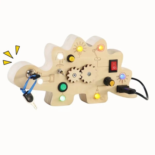 Barns trä dinosaurie kretskort LED-ljus kretskort upptagen ljus knapp switch tidig utbildning pedagogisk baby leksak