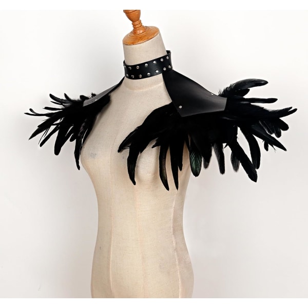 Gothic fjäder axelklaffar Bolero Epauletter Punk Läder vårkappa med choker ving axel för Halloween (C-Schwarz-001)