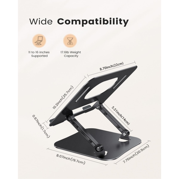 Bärbar datorstativ, hopfällbar bärbar datorstativ i aluminium, höjdjusterbar ventilerad bärbar datorstativ, ergonomiskt stativ för stationär dator, svart
