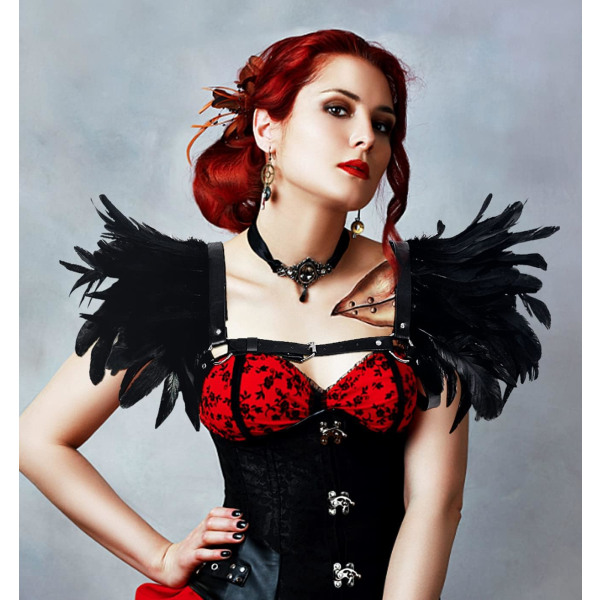 Women Gothic Feder Epauletten Uslang Shell axelmantel axelduk för Halloween Cosplay