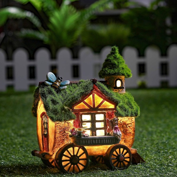Trädgårdsfigurer för utomhus Fyrhjuligt hus Fairy house for garden Solcellslampa med flockat tak Fairy garden gjord av syntetiskt harts