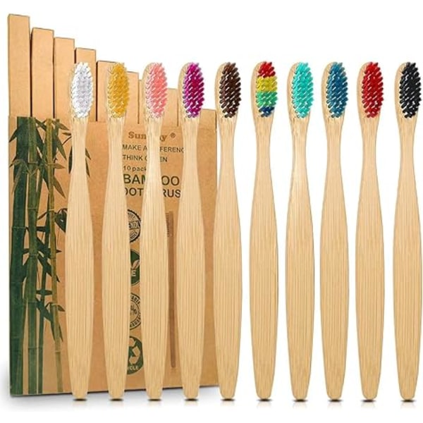 Förpackning med 10 mjuka tandborstar i bambu, premium tandborsteborstar, 100 % BPA-fri, plastfri