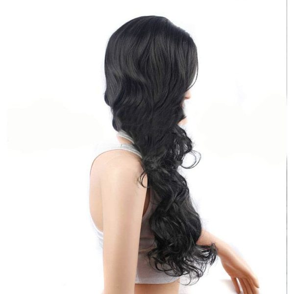 Hårförlängningar Fashian Peruk Svart Kvinna Långt lockigt hår Big Wave Oblique Bangs Fluffy Wig (Färg: Svart, Storlek: 23,5 tum)