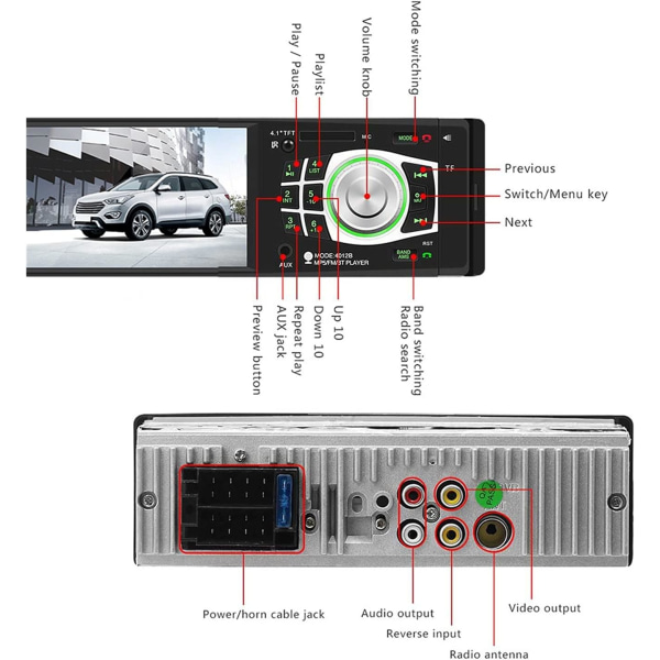 Biladapter 4012B Audio Radio FM TF USB AUX Stöd Biltillbehör 4.1" Bil MP5-spelare Bluetooth Stereo In-dash 7 färger Bakgrundsbelysning