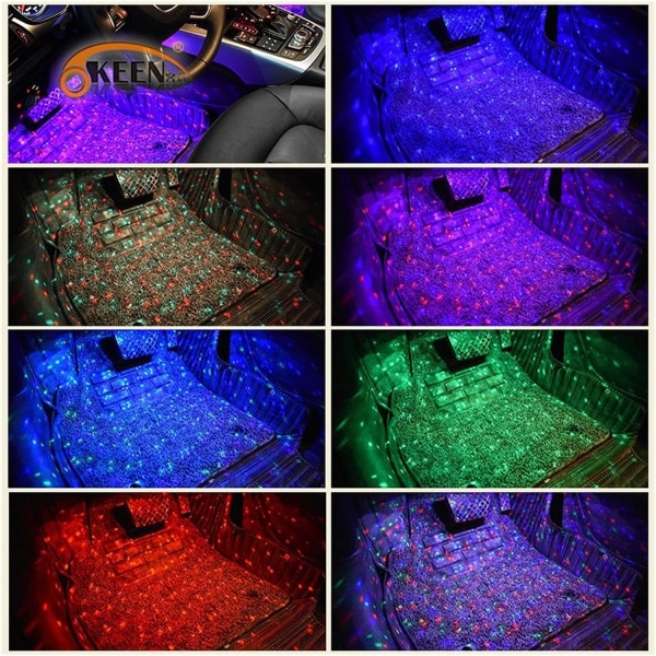 Solnedgångslampa 4st Bil LED Interiör RGB Starry Foot Light, USB Atmosphere Ambient DJ Mixed Färgglad Musik Rytm Ljud Röstkontrolllampa för