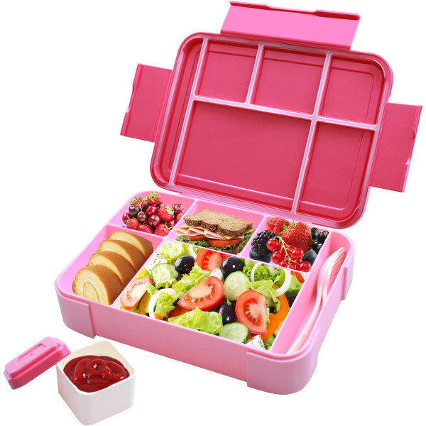 Lunchlåda med fack, Lunchlåda med 6 fack och separata såsbehållare, BPA-fri lunchlåda, perfekt för skola, kontor (rosa) Black 41