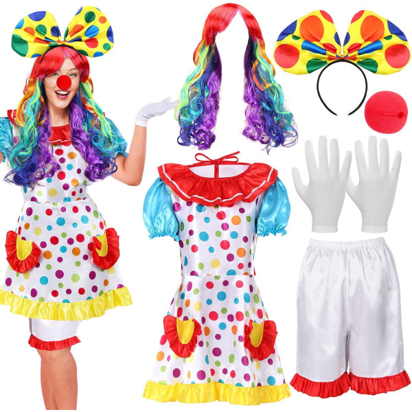6 st Set Dam Cirkus Clownklänning Regnbåge Clownperuk Pannband Nose Shorts Handskar för Halloween cosplay Stor Stor