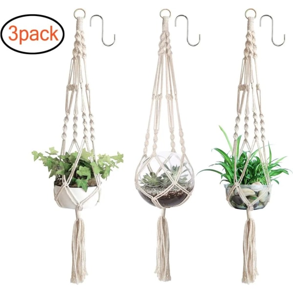 Set med 3 Macrame bomullsrep hängande blomkruka Växtställshängare för utomhusfilt inomhus