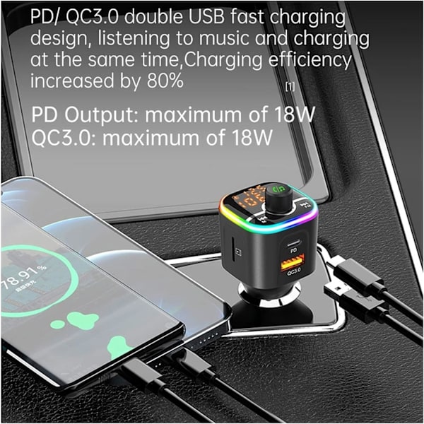 Biladapter FM-sändare Trådlös modulator MP3-spelare BC68 Bil QC3.0 PD USB Snabbladdare Bluetooth Handsfree Kit Färgglad atmosfärslampa