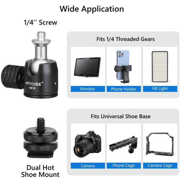 2PC Mini Tripod Kulhuvud Svängbart DSLR-kameraadapter 1/4" Skruvmonterat Stativ Kulhuvud