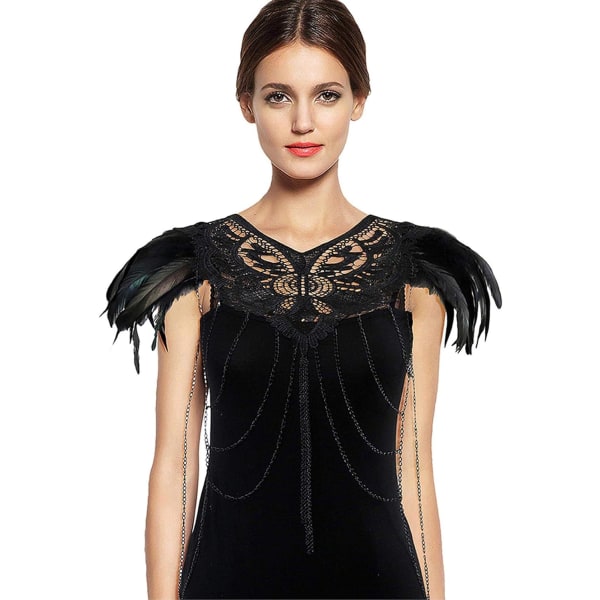 Gothic Black Feather Epaulette Coat Lace K? Rper kedja rustning Halloween Party halsduk rycker på axlarna