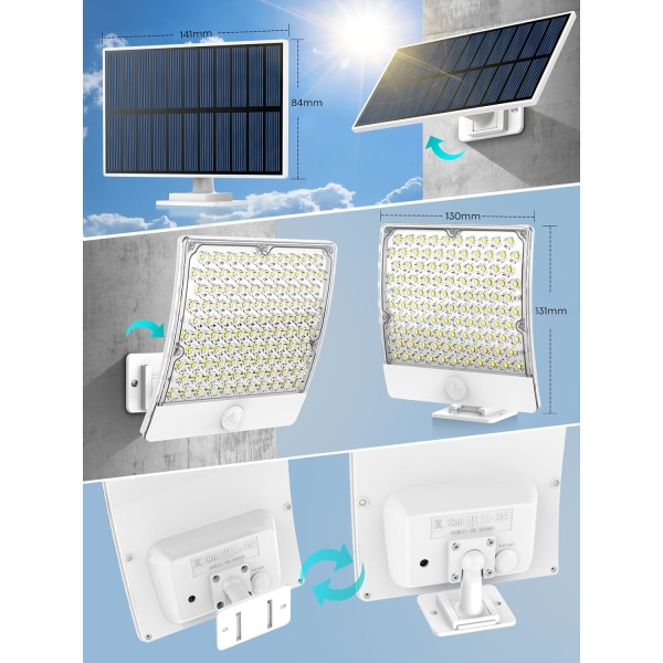 Solcellslampor för utomhusbruk, 105 LED-sollampor utomhus med rörelsedetektor, IP65 vattentät, 125° belysningsvinkel, solcellsvägglampor för utomhusbruk