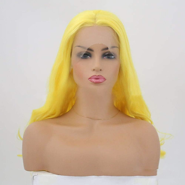 Hårförlängningar Fashian Halloween Peruk Kvinna Front Spets Lång Roll Gul Big Wave Makeup Klänning Peruk Rekvisita (Färg: Gul, Storlek: 20 tum)