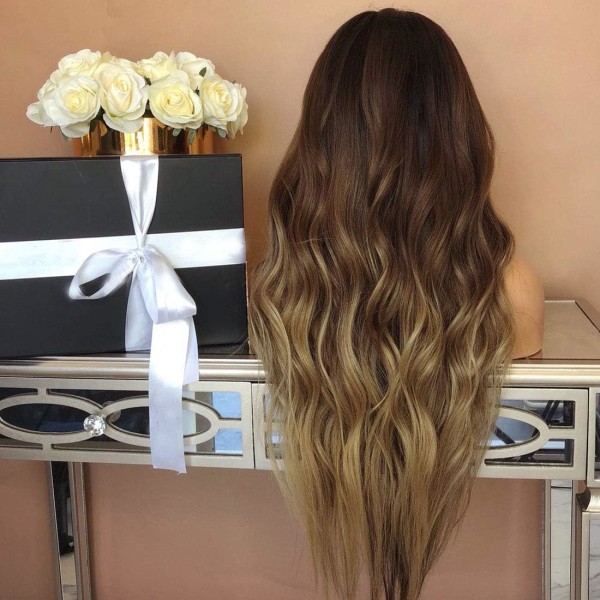 Hårförlängningar Fashian kvinnors peruk Gradient Sepia i långt lockigt hår Big Wave Chemical Fiber Hårperuk (Färg: Fotofärg, Storlek: 65cm)