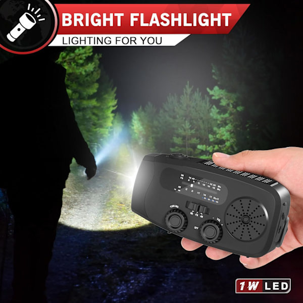Vevradio med solcellshandvevad ficklampa - 2000mAh power - svart och röd