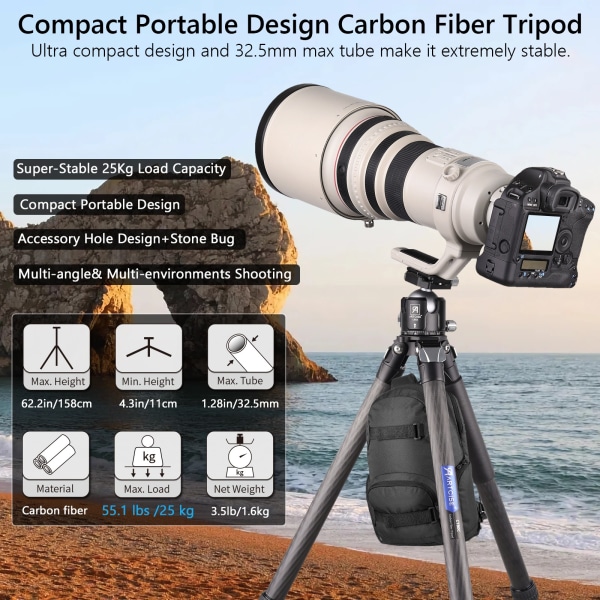 Kompakt design kolfiberstativ med stenväska 32,5 mm Max Benrör Stabil lätt kolfiber för Canon Sony Nikon DSLR