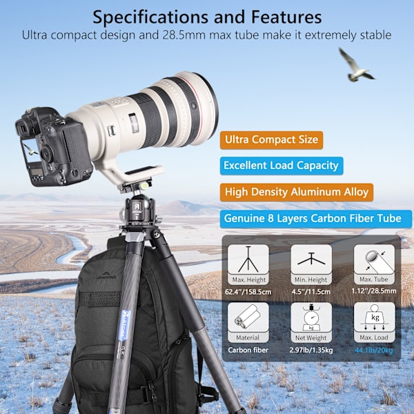 Kompakt kolfiberstativ ARTCISE CT70C Stativ för Canon Sony Nikon DSLR digitalkamera, (Extra bonus: Stone Bag, CNC Magic Arm, Mobiltelefonklämma)