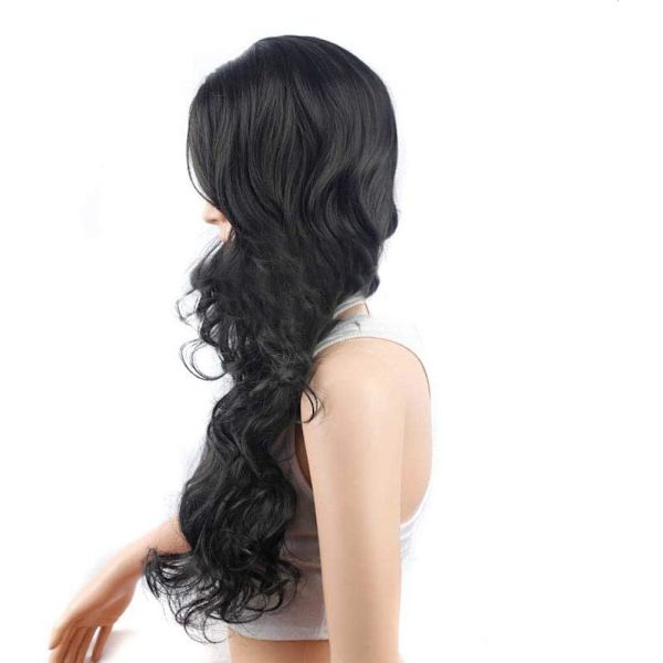 Hårförlängningar Fashian Peruk Svart Kvinna Långt lockigt hår Big Wave Oblique Bangs Fluffy Wig (Färg: Svart, Storlek: 23,5 tum)