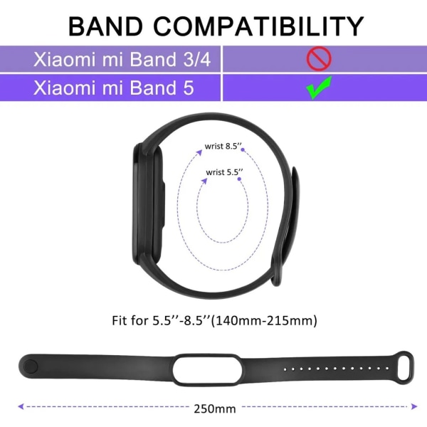 3-pack kompatibel med Xiaomi Mi Band 5 armband, silikon sportersättningsarmband för Xiaomi Mi Band 5