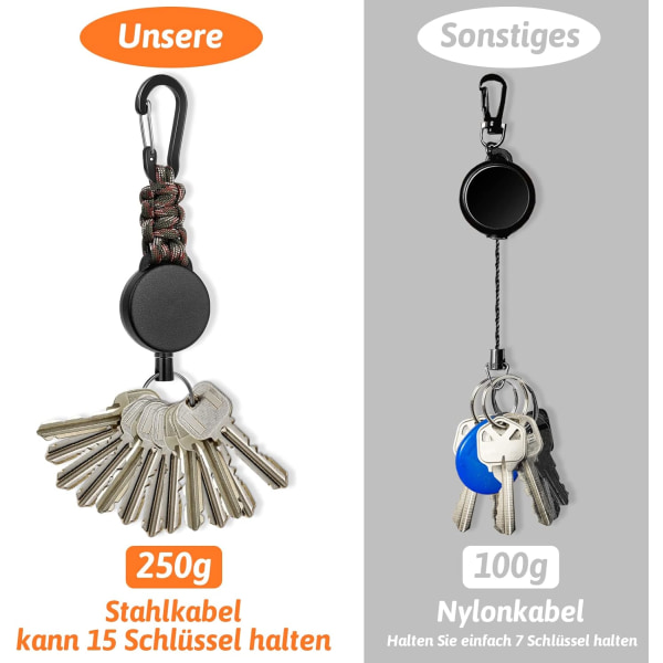 Infällbar nyckelring, 3 infällbara linor, ID-kort med 60 cm infällbar stålkabel, nyckelring med karbinhake