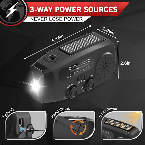 Vevradio med solcellshandvevad ficklampa - 2000mAh power - svart och röd