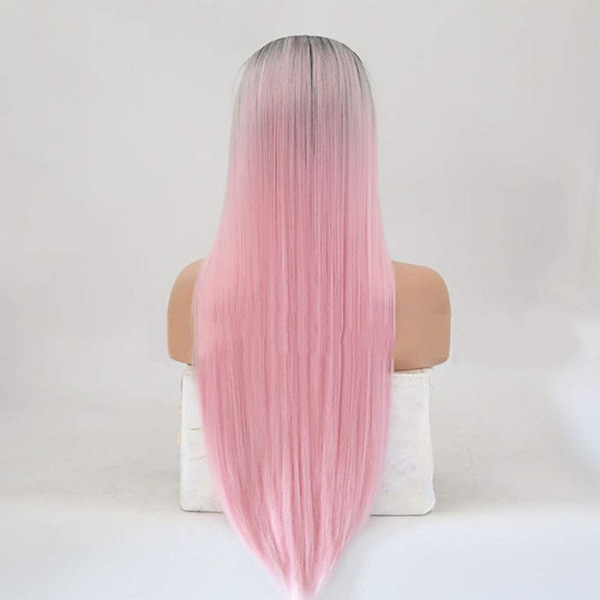Hårförlängningar Fashian Front Spets Kemisk Fiber Peruk Svart Gradient Rosa Medium Lång Rakt hår Peruk Huvudbonader (Färg: Fotofärg, Storlek