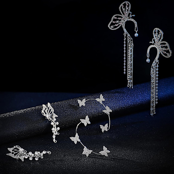 6 delar Butterfly Ear Cuff Fjärilsörhängen Butterfly Ear Crawler Clip Wrap Diamond Zircon Stud örhängen för kvinnor Flickor