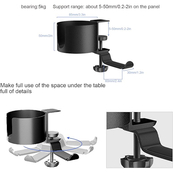 Skrivbordsmugghållare, 360° rotation Hörlurshållare Aluminium Headset Stativ Hörlurskrok, 2 i 1 Anti-Spill mugghållare, lätt