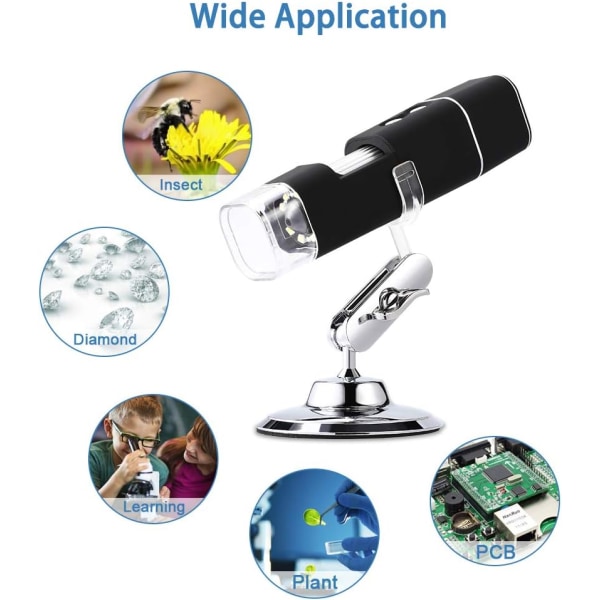 WiFi digitalt mikroskop, 50X-1000X 1080P förstoringsendoskop, 1080P handhållet mikroskop HD 2MP, USB uppladdningsbart, 8 lysdioder med metall